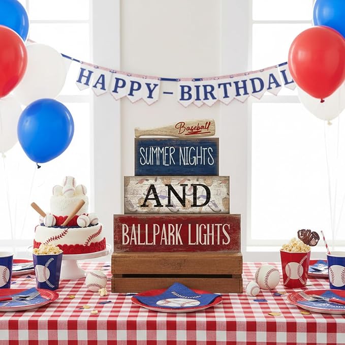 Lineshading 4 Pcs Baseball Wooden Blocks Sign with Bat, Blue White Red | Summer Nights Ballpark Lights Farmhouse Style, Party Centerpiece Room Tiered Tray, Stackable Blocks for Fans Boys Decor