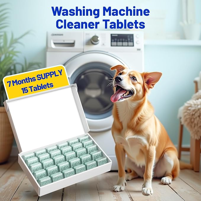 Washing Machine Cleaner Tablets-15 Pack, Formulated for Pet Owners | Compatible with HE, Top & Front Load Washer | Septic Safe | Fresh Scent | Removes Residue | Remove Stubborn Pet Hair,Residue