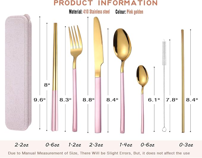 AARAINBOW 7 Pieces Stainless Steel Flatware Set Portable Reusable Cutlery Set Travel Utensils Set Including Chopsticks Knife Fork Spoon Straws Cleaning Brush Dishwasher Safe (Pink Golden)