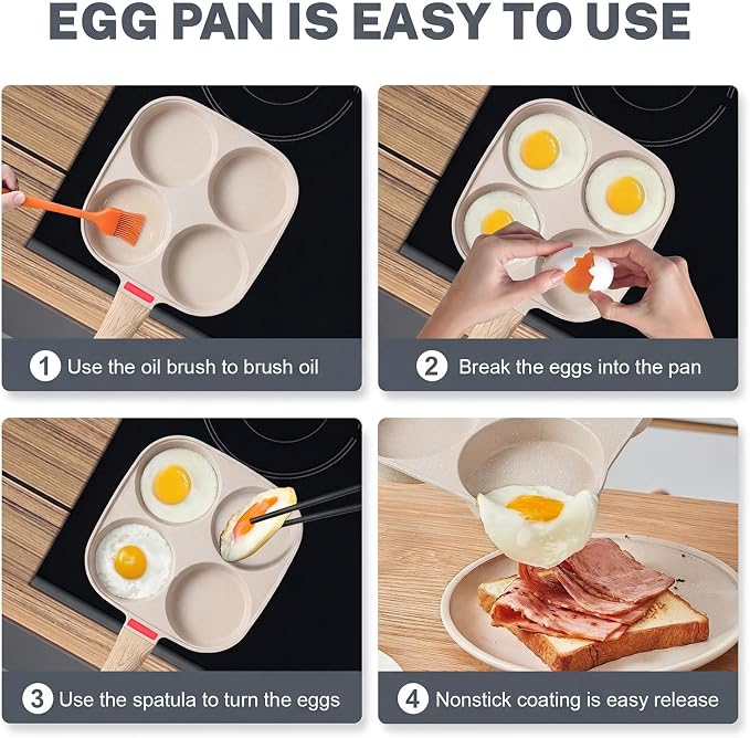 4‑Cup Nonstick Egg Pan Set with Lid – Aluminum Omelette Skillet for Breakfast, Includes Silicone Scraper, Oil Brush, Chopsticks & Cleaning Cloth – Compatible with Gas & Induction Cooktops (White)