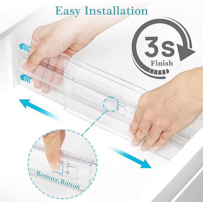 Vtopmart 4" High Drawer Dividers for Clothes, 13"-22" Adjustable, 4 pack | Expandable Dresser Drawer Organizer, Clear Plastic Separators for Dresser, Baby Clothing, Underwear, Cosmetic, Toiletries