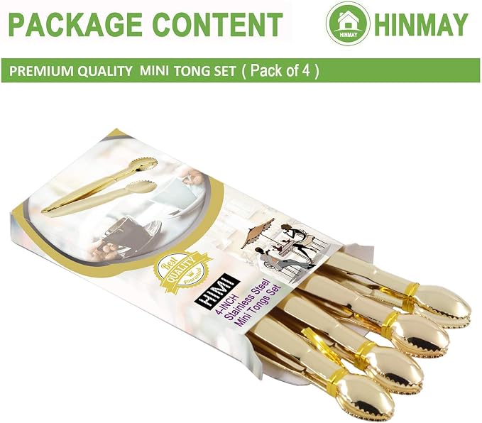 HINMAY Gold Plated Mini Serving Tongs 4-Inch Sugar Cube Tongs, Set of 4 | Stainless Steel Small Ice Tongs for Serving, Tea Party, Coffee Bar, Desserts