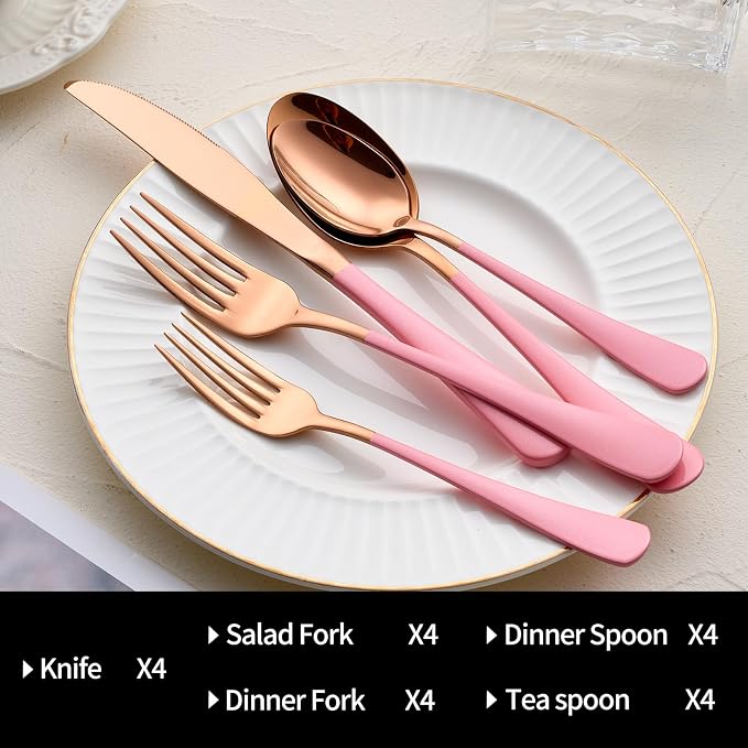 20-Pieces Rose Gold and Pink Silverware Sets for 4,Pink Handle Stainless Steel Cutlery Set, Include Forks Spoons and Knives Set, Dishwasher Safe Utensil Sets for Home Restaurant