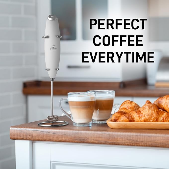 Zulay Kitchen Powerful Milk Frother Wand With Duracell Batteries - Ultra Fast Handheld Drink Mixer - Electric Whisk Foam Maker for Coffee, Lattes, Cappuccino & Matcha - Double Whisk - White