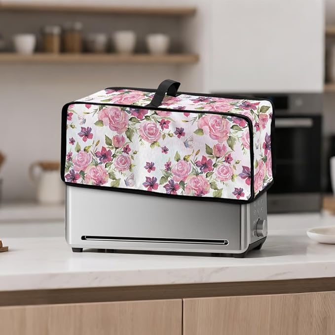 ZDCUSTOM Pink Rose Flower Long Slot Toaster Cover Fits for Most Standard 2 Slice Slim Toasters, Keep Kitchen Small Appliance Clean From Dust and Fingerprint