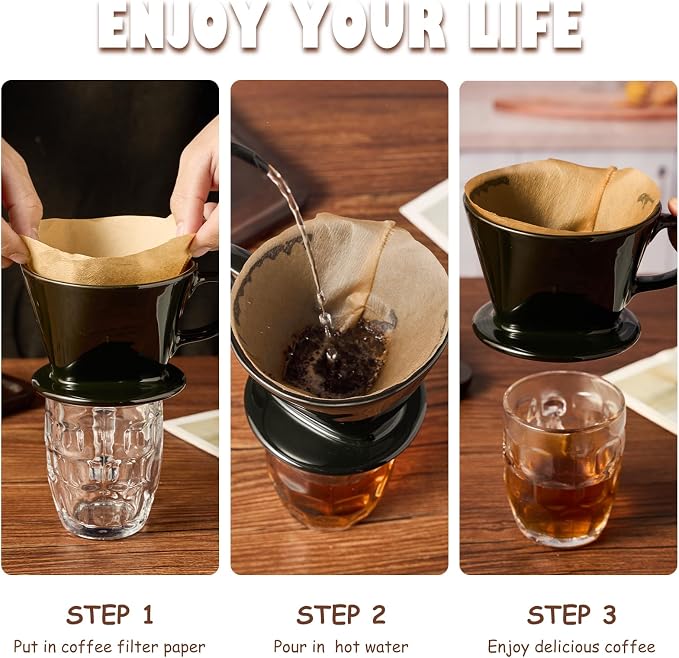 Pour Over Coffee Dripper, Ceramic Pour Over Coffee Maker, Black | 3 Holes Flat Bottom, Easy Manual Brew Maker, Porcelain Slow Filter Cone for Travel, Camping, Office, Home