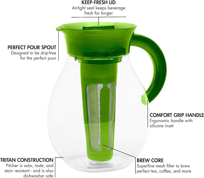 Primula The Big Iced Tea Maker and Infuser, Plastic Beverage Pitcher with Leak Proof, Airtight Lid, Fine Mesh Reusable Filter, Made without BPA, Dishwasher Safe, Green