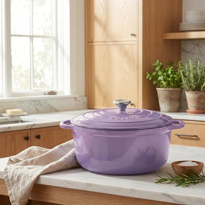 Zulay Kitchen 6.4QT Enameled Cast Iron Dutch Oven Pot with Lid, Heavy-Duty Soup Pot for Stews, Braising, Roasting & Sourdough Bread Baking, Oven Safe up to 500°F - Lavender Jade