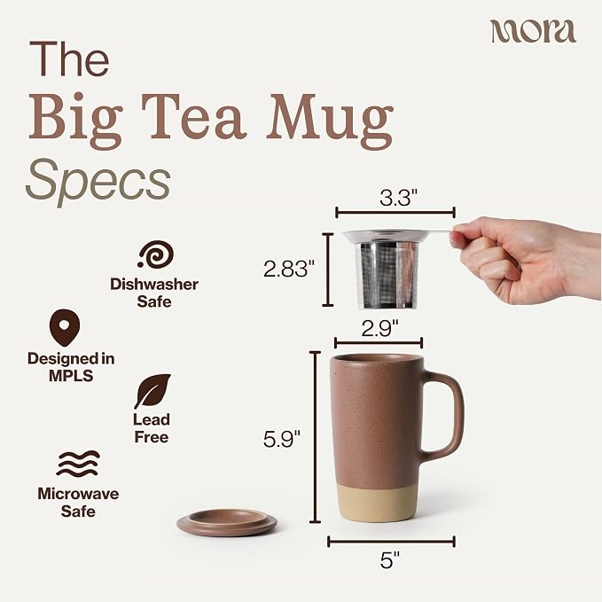 Mora Ceramics Large Tea Mug with Loose Leaf Infuser and Ceramic Lid, 18 oz, Portable, Microwave, Dishwasher Safe, Tall Coffee Cup - Rustic Matte Ceramic Glaze, Modern Herbal Tea Strainer, Terracotta