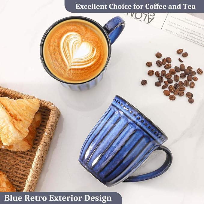 Coffee Mugs Set of 4, 16oz Navy Blue Ceramic Coffee Mug with Embossed Ribbed, Farmhouse Tea Cup Set for Latte, Cappuccino, Milk, Large Handle, Suitable for Office Home Restaurant Housewarming Gift
