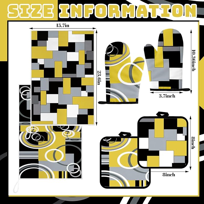 Jingmore 6 Pcs Kitchen Decor Set Accessory Farmhouse Kitchen Towels Pot Holders Oven Mitts Set 2 Dish Towels 2 Pot Holders 2 Cooking Mittens Oven Glove for Cooking(Black, Yellow, Gray,Geometric)