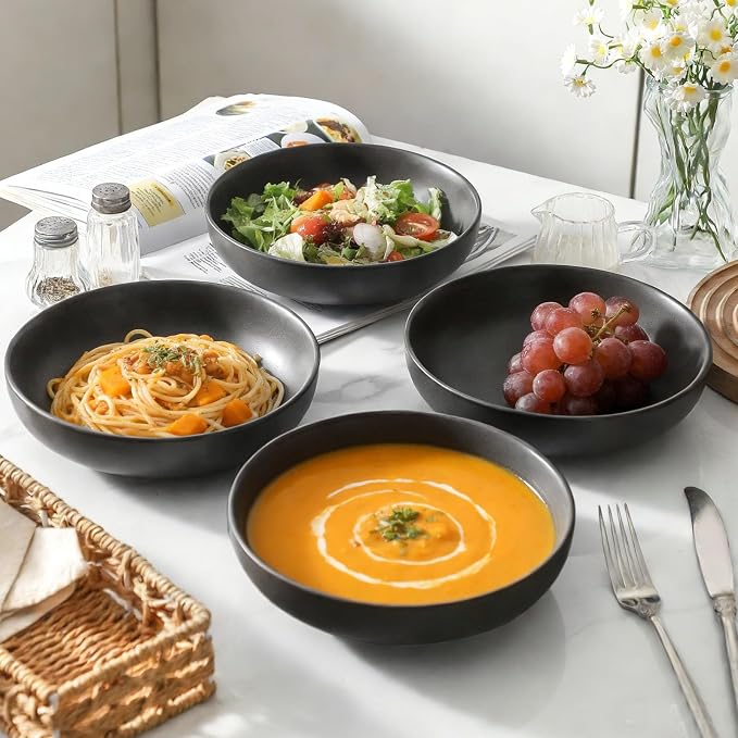 Stoneware Pasta Bowls, 34 oz Large Salad Bowl Set of 4, Ceramic Serving Bowls for Ramen, Pasta, Fruit, Cereal, Dinner, Wide and Shallow Bowls, Microwave & Dishwasher Safe, Matte Black