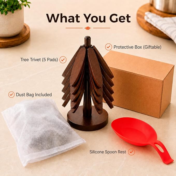 MINARAI-Wooden Trivets for Hot Dishes,5-Pads,Silicone Spoon Holder Included | Protects Countertops From Hot Pots, Pans And Teapots. Top Holiday Gifts