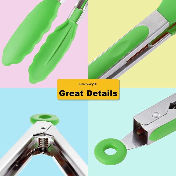 HINMAY Silicone Tongs 9" Stainless Steel Kitchen Tongs, Set of 3 (Green)