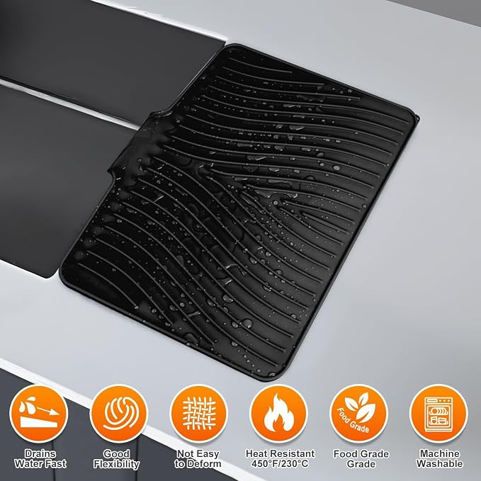 Silicone Dish Drying Mat for Kitchen counter | 15.8"x13" Dish Drainer Mat, Heat-Resistant Kitchen Counter Mat & Over-Sink Drying Tray, Can Be Hung, Black-1Set