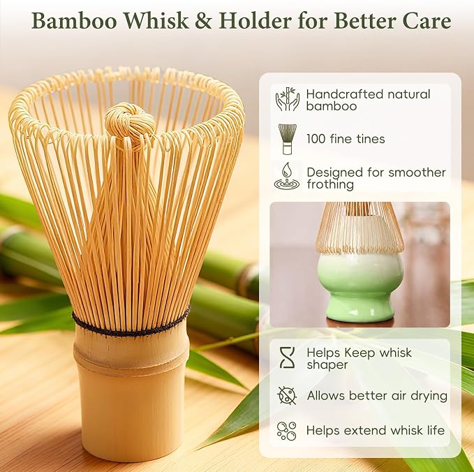 Matcha Whisk Set, Ceramic Matcha Set Includes Bowl & Holder, Bamboo Whisk (Chasen), Scoop, Spoon and Sifter, 6PCS Matcha Kit Covers Everything Needed for Making Matcha (Green)