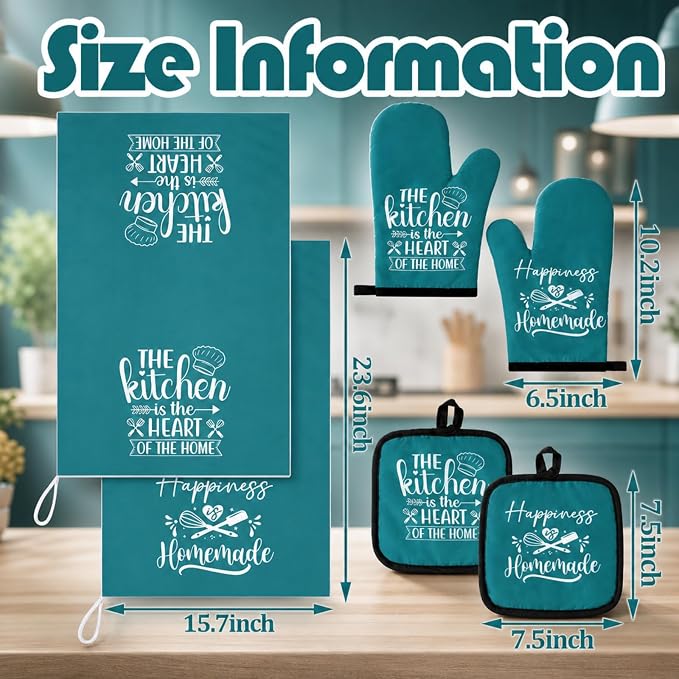 Sratte 6 Pcs Kitchen Decor Accessories Set, Kitchen, Teal | Farmhouse Kitchen Towels Pot Holders Oven Mitts Set 2 Dish Towels 2 Potholders 2 Cooking Mittens for Baking Cooking Supply
