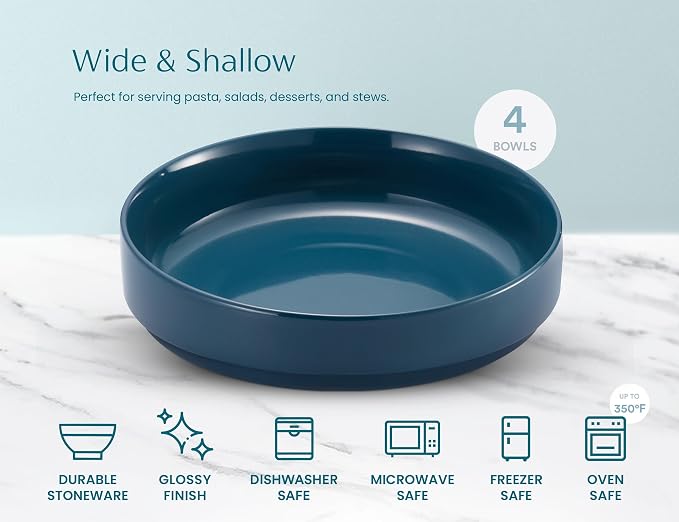 KooK Pasta Bowl, Bowl Plate, Low Bowl, Plate Bowls, Ceramic Large Shallow Bowls, Microwave and Dishwasher Safe, Great for Soups and Salads, Glossy Porcelain, 47 oz, Set of 4, Teal