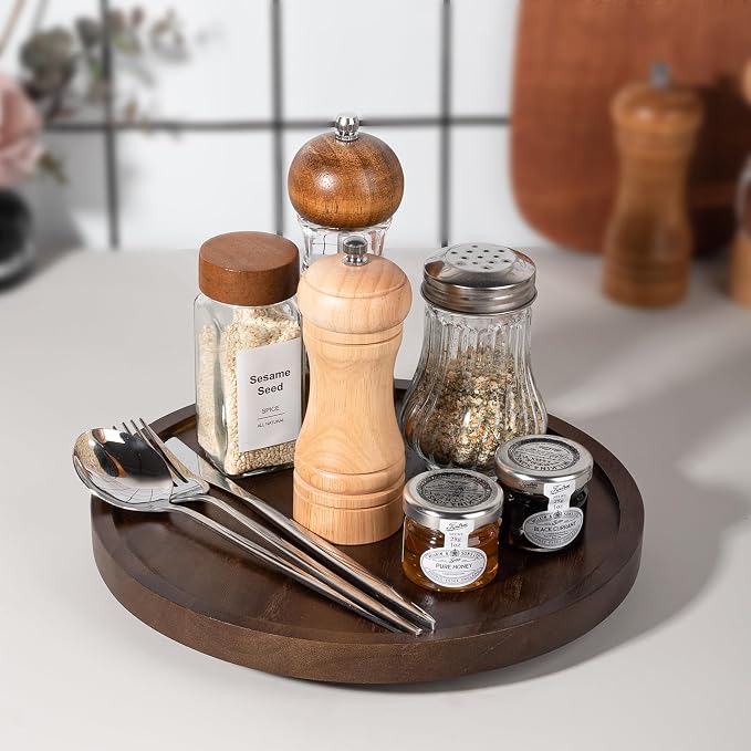 Wood Lazy Susan Organizer Kitchen Turntable for Cabinet Farmhouse Bathroom Decor Round Decorative Tray for Vanity, Counter, Sink, Coffee Table, 10 Inch, Walnut | waterpoof, East clean, Non-slip, Pantry Table Decorative Tray for condiment, spice