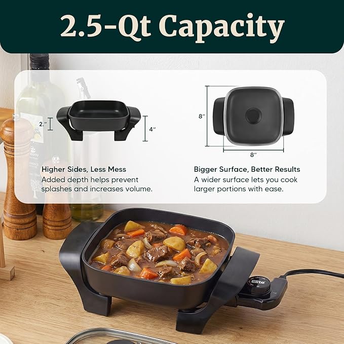 Elite Gourmet EG808 Compact Non-Stick Electric Skillet, 8"x8" 2.5Qt, Black | Tempered Glass Lid, Removable Thermostat, 200-400°F Range, Dishwasher Safe, 600W, for Eggs, Bacon & One-Pot Meals