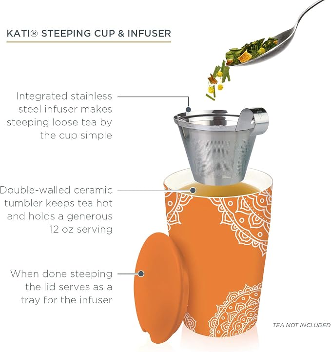 Tea Forte Double-Walled Ceramic Kati Cup, Chakra, 12 oz | Insulated Ceramic - Stainless Steel Loose Leaf Infuser - Keeps Tea Hot Longer - Lid Included - Microwave & Dishwasher Safe