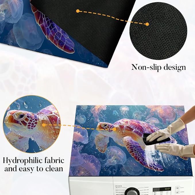 Sea Turtle Jellyfish Washer Dryer Cover Mat 28.35x20.47 in | Heat Resistant Cooktop Protector Mat with Non-Slip Backing, Scratch Protection and Countertop Drying Mat.