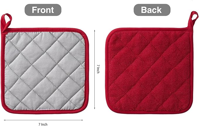 Kitchen Pot Holders Set Heat Resistant Pure Cotton Potholders Kit Trivets Large Coasters Hot Pads Terry Pot Holders for Everyday Cooking and Baking by 7 x 7 Inch Set of 4 Red