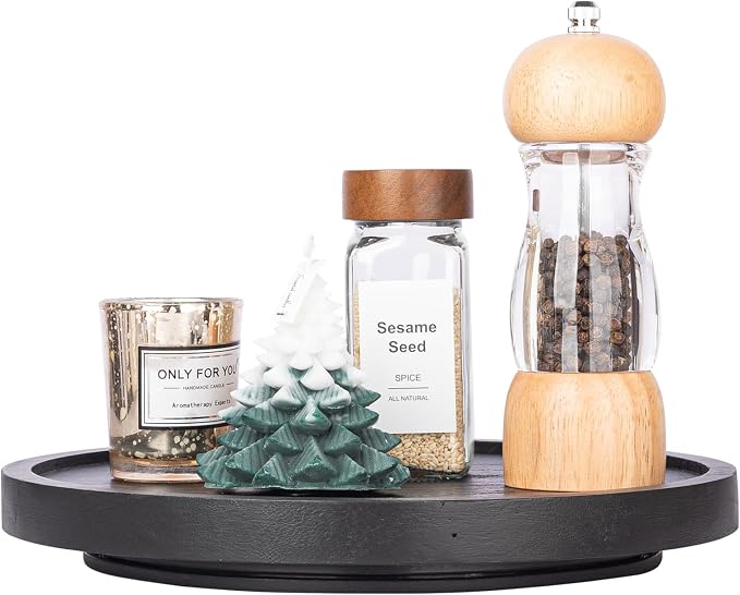 Wood Lazy Susan Organizer Kitchen Turntable for Cabinet Farmhouse Bathroom Decor Round Decorative Tray for Vanity, Counter, Sink, Coffee Table, 10 Inch, Black | waterpoof, East clean, Non-slip, Pantry Table Decorative Tray for condiment, spice