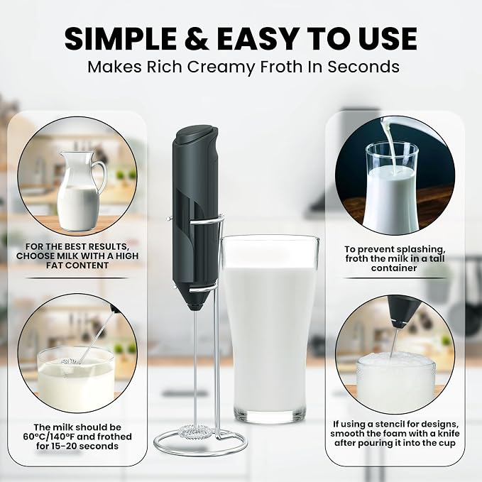 Milk Frother with Stand, Coffee Frother Wand, Drink Mixer Wand | Milk frother handheld with stand; coffee frother handheld; electric whisk frother for protein powder; mini hand frother mixer