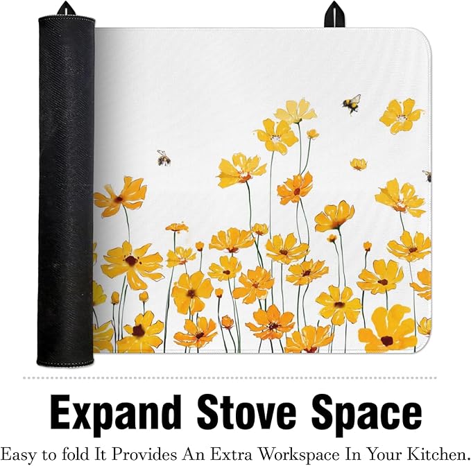 Spring Summer Glass Stove Top Covers for Electric Stove,Yellow Flowers Floral Bee Farmhouse Heat Resistant Cooktop Protector Non-Slip Washable Dish Drying Mat Rug Pad for Kitchen Decor 28"x20"