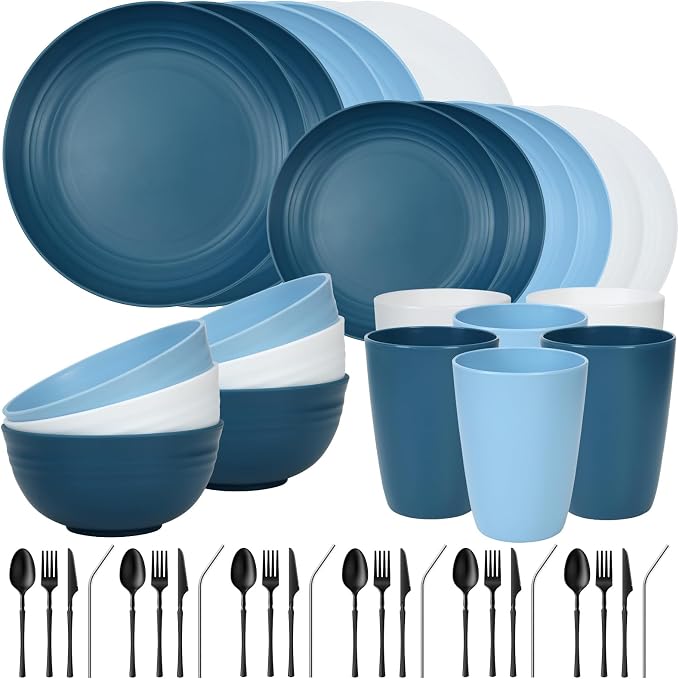 Quatish 48 Piece Plates and Bowls Sets for 6, Unbreakable Dinnerware Sets, Plastic Dish Set for Camping, Dishwasher Microwave Safe, Outdoor Kitchen and Apartment Dinning RV Essentials, Blue