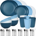 Quatish 48 Piece Plates and Bowls Sets for 6, Unbreakable Dinnerware Sets, Plastic Dish Set for Camping, Dishwasher Microwave Safe, Outdoor Kitchen and Apartment Dinning RV Essentials, Blue