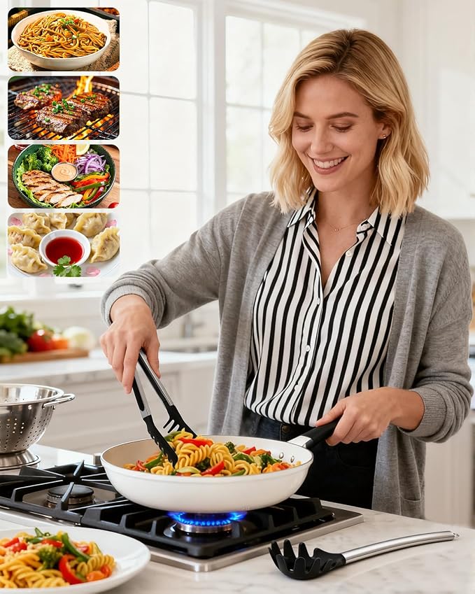 Spaghetti Spoon and Pasta Tong with Grip Teeth and Drain Holes, 2-Piece Non-Stick Silicone Head with Stainless Steel Handle, Heat Resistant Food Grade Utensils for Cooking, Serving, Salad and Noodles