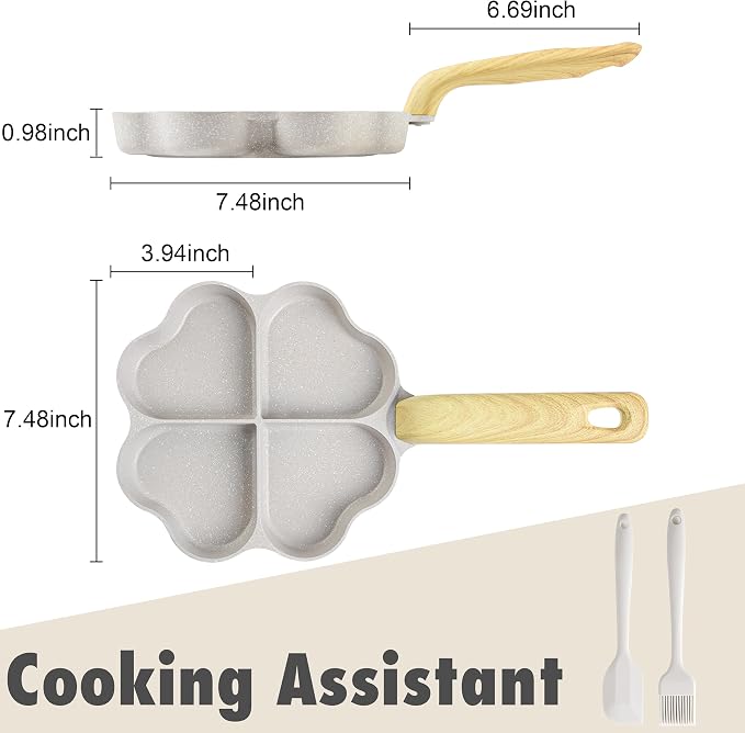 Caannasweis Egg Pan Omelette Pan, 4-Cup Nonstick Granite Omelette Skillet Breakfast Frying Pan Egg Cooker Suitable for Gas Stove & Induction Cookware, PFOA PFOS Free, Beige Heart Shaped