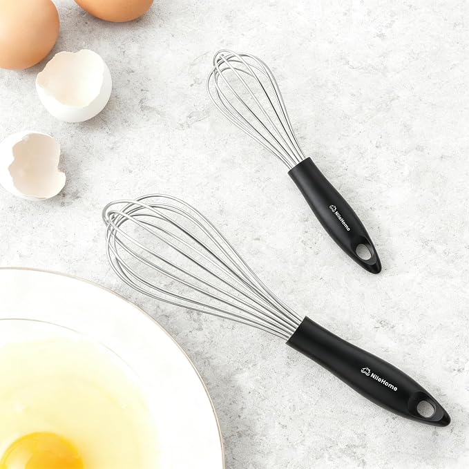 NileHome Silicone Whisk Set 8" 10" Kitchen Whisk Kitchen Wisk Wire Whisks for Cooking, Whisking, Blending, Beating, Stirring-Black Silver