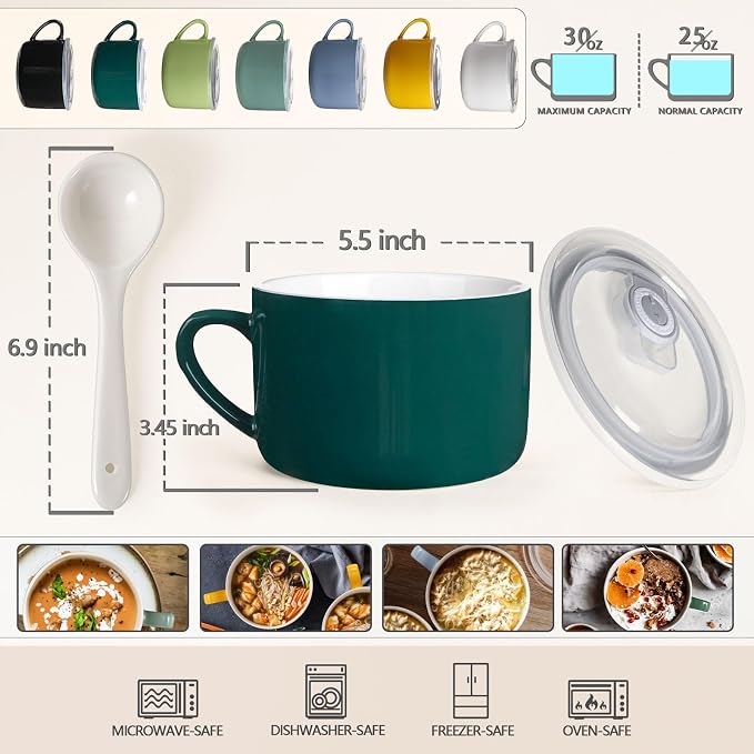 Soup Bowls with Handles & Spoons, 30oz Ceramic Ramen Bowl with Lid, Large Soup Mugs/Cups for Instant Noodle, Big Cereal Bowls for Oatmeal, Soup Containers with Lids, Set of 2, Dark Green
