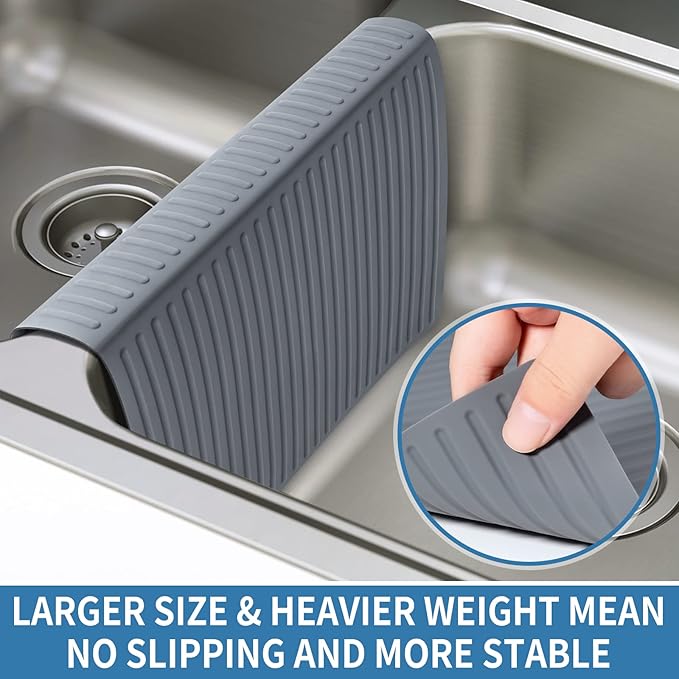 Bligli Silicone Sink Saddle, Large and Durable Sink Divider Mat with No Suction Cups, Kitchen Divided Sink Protector Mat for Glassware Dishes, Easy to Clean and No Smell, 11.8" x 18" (Grey)