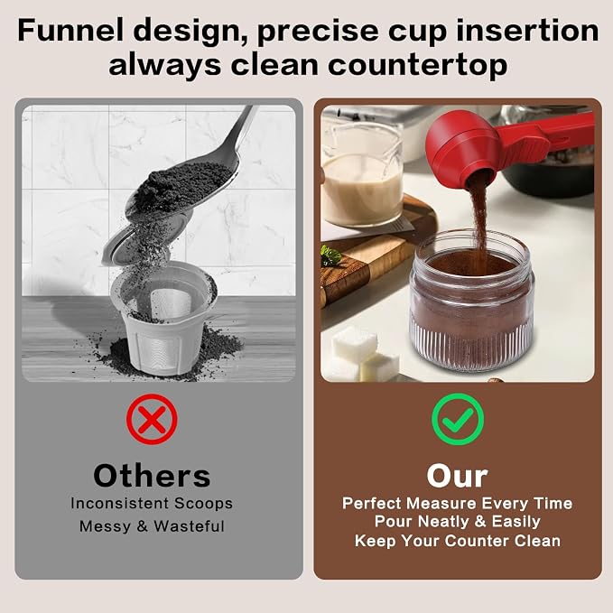 2-in-1 Coffee Scoop with Funnel, 2 Tbsp Measuring Spoon for Reusable K Cups, Ground Coffee, Protein Powder & Tea, Mess-Free Plastic Design（Red-2pack）