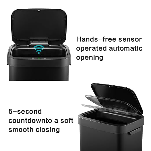 13 Gallon Trash Can, Touchless Stainless Steel Kitchen Bin (Black) | Automatic Motion Sensor Lid | 50L Fits 13 Gal Tall Kitchen Bags | Anti-Fingerprint Brushed Finish | For Home Office