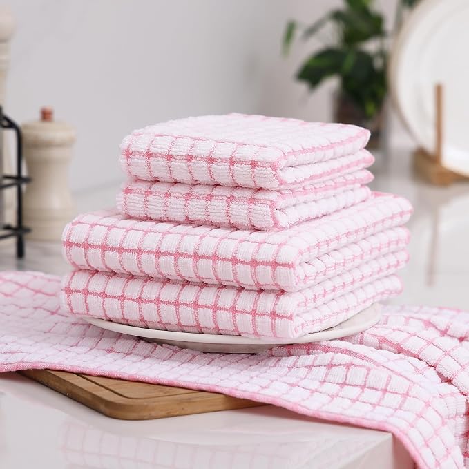 Homaxy Kitchen Towels and Dishcloths Set, Set of 8, Pink | Cotton Terry Kitchen Dish Towels, Super Soft and Absorbent Dish Cloths, 16 x 25 and 12 x 12 Inches