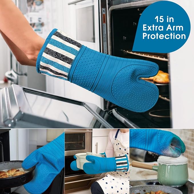 Heat Resistant 550 Degree Oven mitt, Silicone Oven Hot Mitts - 1 Pair, Extra Long Professional Baking Oven Gloves - Food Safe,Pot Holders Cooking,Grilling,Kitchen (Navy)