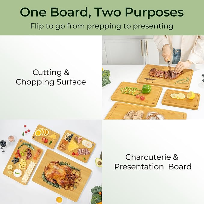 Keechee Natural Bamboo Cutting Board Set of 4, Wood Chopping Block Set | Non Toxic, Resisted-Cracking&Curling, Deep Juice Groove, Side Handles,Cross-Laminated Structure, Knife-Friendly