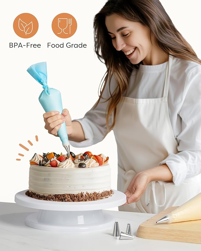 Kootek 71 Cake Decorating Kit Baking Supplies Tools for Beginners & Pros | Cake Stand Turntable, 12 Icing Piping Tips, 50+2 Disposable Reusable Pastry Bag, 2 Spatulas, Video Tutorial, Pattern Chart