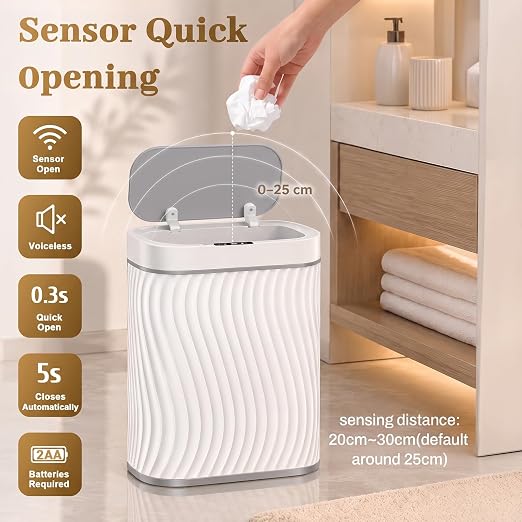 2.6 Gallon Automatic Bathroom Trash Can with Touchless Lid, White Grey | Motion Sensor Trash Can with Slim Waterproof Body; Small Plastic Garbage Can, hands-free lid for Bedroom, office, and kitchen