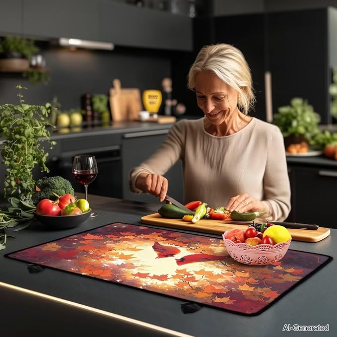 Fall Cardinal Maple Stove Top Covers for Electric Stove, Anti-Slip Dish Drying Mats for Kitchen, Heat Resistant Silicone Insulation Mat for Glass Top Burner, Thanksgiving Decor