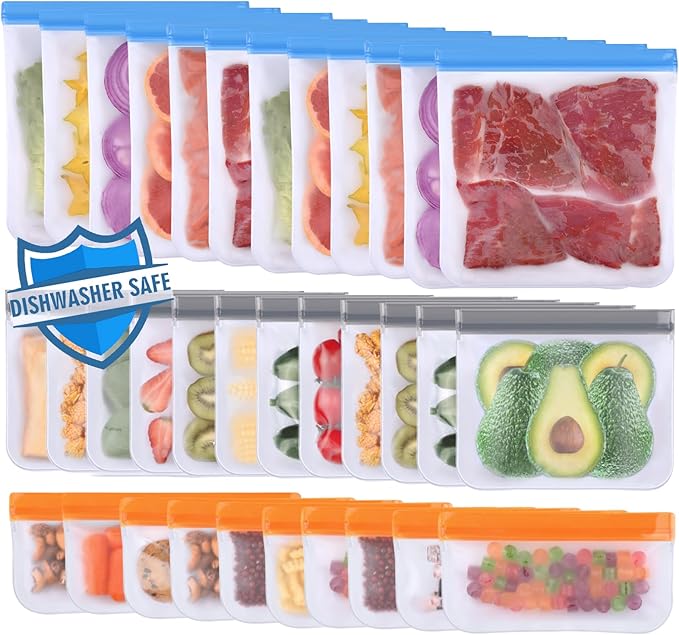 Lerine 34 Pack Reusable Freezer Bags Dishwasher Safe, Food Storage Bags | BPA-Free, Food-Grade Material, Leakproof, Extra Thick, Double-Seal, for Marinating Meats, Vegetables, Lunch, Travel