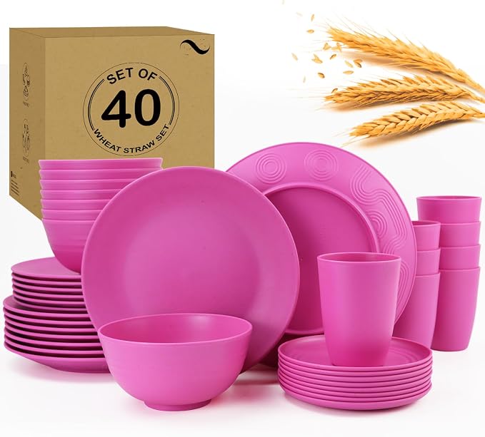 PYRMONT Wheat Straw Plates and Bowls Sets 40 PCS Unbreakable Dishes Set for 8 Microwave & Dishwasher Safe Dinnerware Sets for Kitchen,Party,RV Camping Dishes-Pink Matte