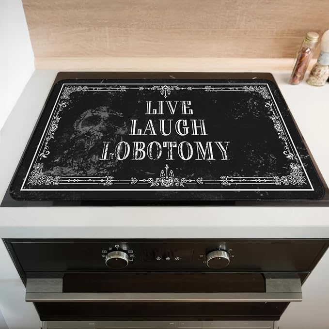 Goth Stove Top Cover for Electric Stoves,Black Skull Witchy Live Laugh Lobotomy Gothic Glass Stove Top Cover,Heat Resistant Cooktop Protector Mat,Non-Slip Washable Dish Drying Mat 28"x20"