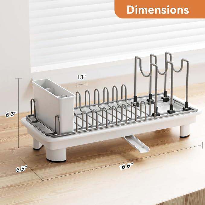 Laveshop Small Dish Drying Rack, Compact Dish Drainer for Kitchen Counter, with Adjustable Back Slots, Space-Saving for Small Kitchens, White