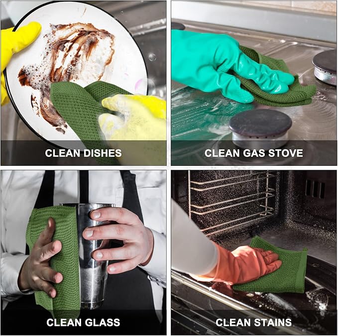 Nialnant 100% Cotton Dish Cloths for Washing Dishes, 4 Pack Waffle Weave Dish Towels,Super Soft Absorbent Cleaning Rags-Green,12x12 Inch